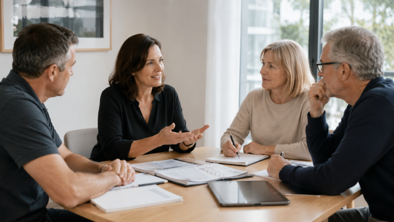 Four professionals engaged in a strata council consulting meeting around a wooden table in a bright boardroom with city views in Metro Vancouver