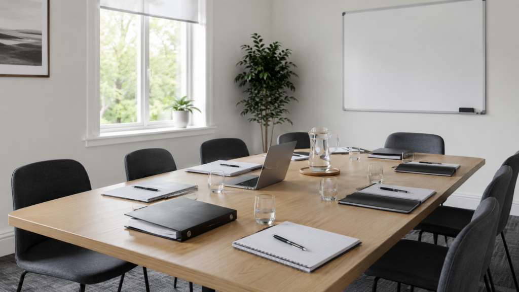 Modern boardroom meeting space with wooden table, black chairs, whiteboard, and natural light from windows, representing professional strata council consulting services for self-managed strata corporations in Surrey BC