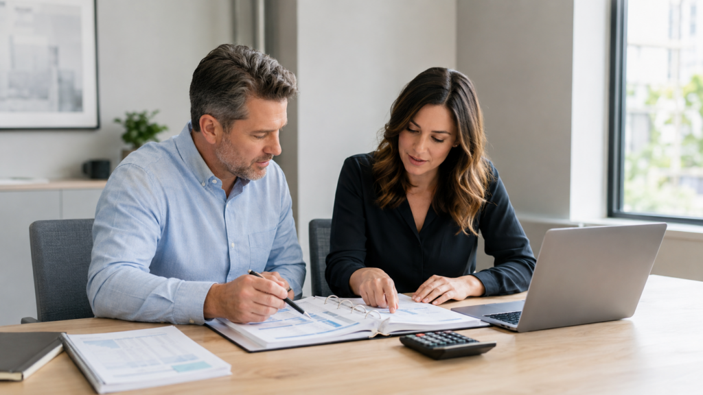 Two business professionals reviewing financial documents and depreciation report together at a desk with laptop in a modern office setting