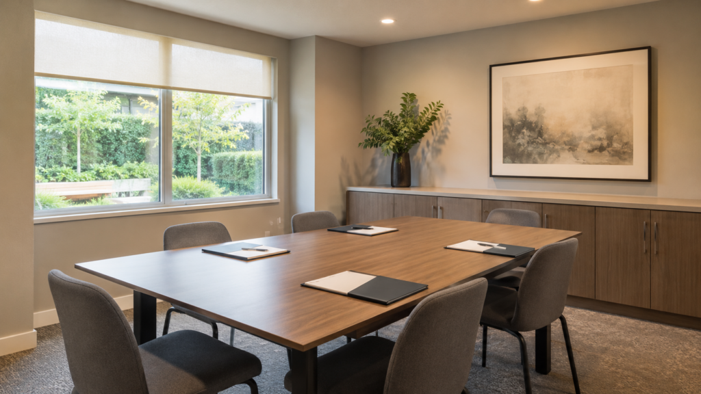 Modern conference room with wooden table, gray chairs, and large windows overlooking greenery, representing professional self-managed strata consulting services in Surrey BC