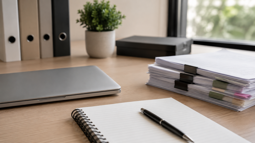 Modern office desk with laptop, spiral notebook, pen, stacked documents with binder clips, potted plant, file folders, and organizational supplies representing self-managed strata property consulting in Surrey BC