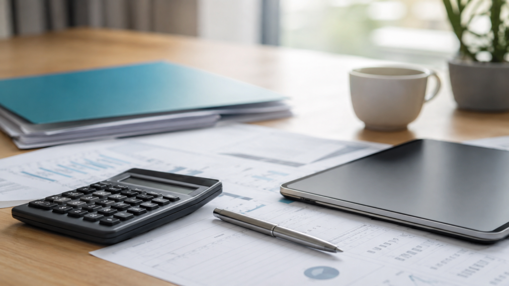 Self-managed strata property consulting workspace in Surrey BC showing financial documents, calculator, and laptop on wooden desk