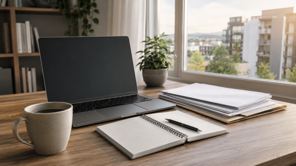 Modern home office workspace with laptop, notebooks, and coffee cup overlooking Surrey BC cityscape, representing self-managed strata property consulting