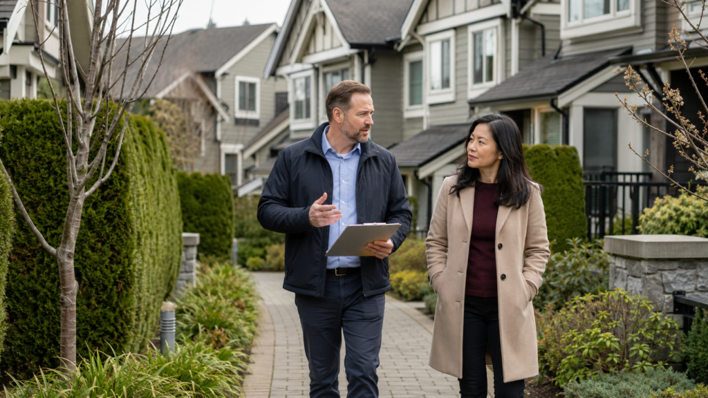 A man and woman walking through a residential neighborhood discussing strata management, representing consultation services for self-managed strata corporations in Surrey BC
