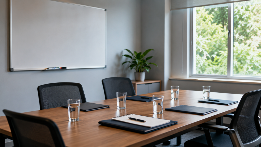 Modern conference room with wooden table, black mesh chairs, whiteboard, water glasses, notepads, and green plant with large windows overlooking trees - professional setting for strata property management consulting in Surrey BC