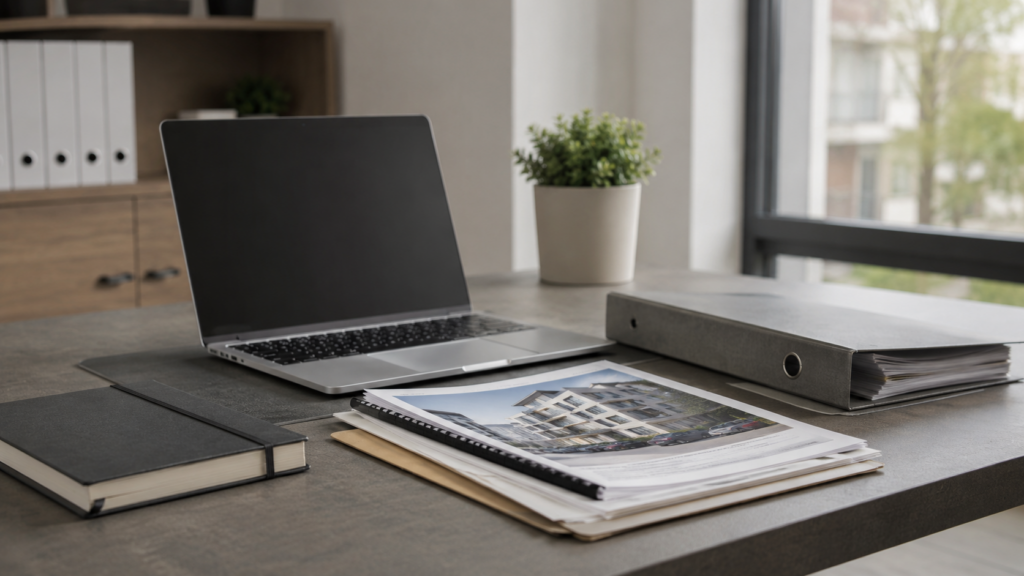 Modern office desk workspace displaying a laptop, organized documents with architectural plans, notebook, and potted plant in a bright professional setting representing strata property management consulting services