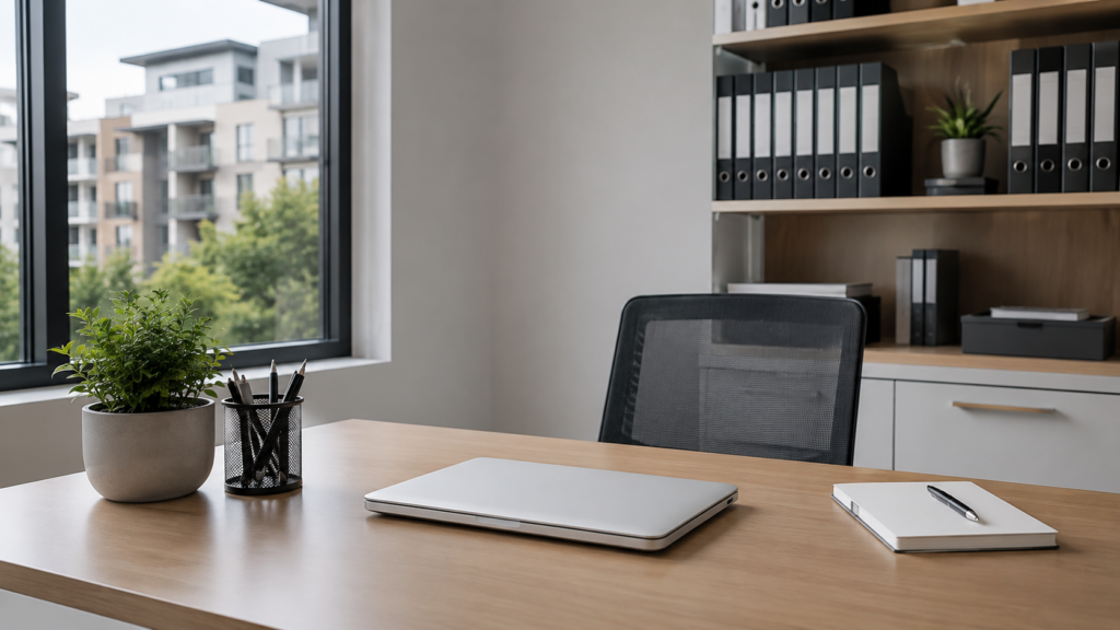 Modern office workspace with laptop, notepad, and potted plant on wooden desk, overlooking suburban buildings, representing professional strata property management consulting in Surrey BC