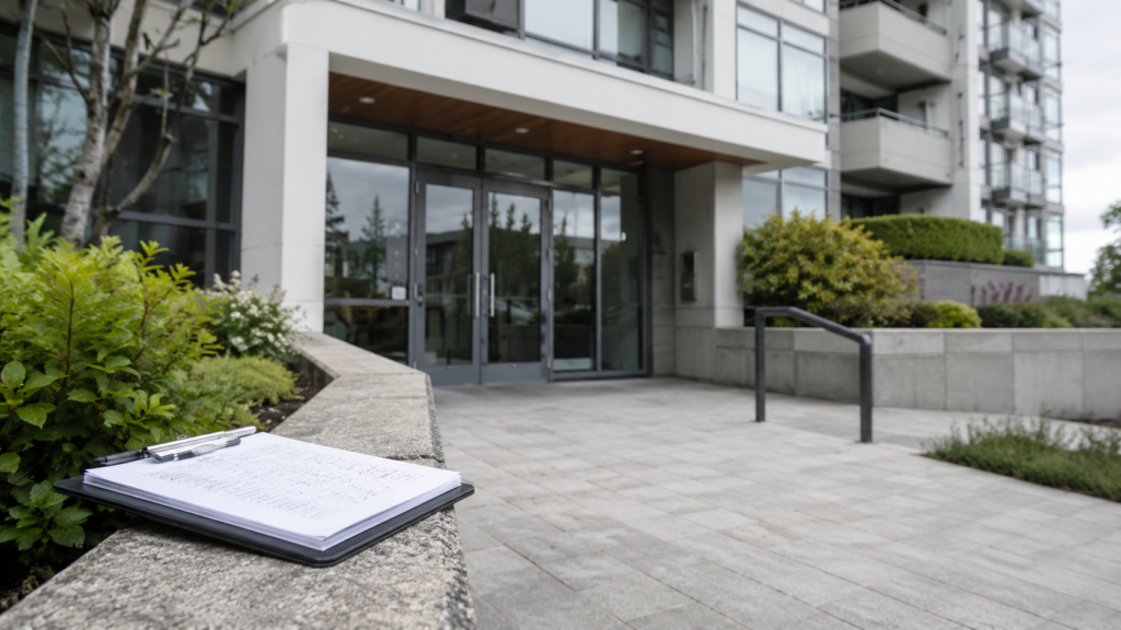 Clipboard with blank notepad on ledge outside modern residential building entrance with landscaping and patio area