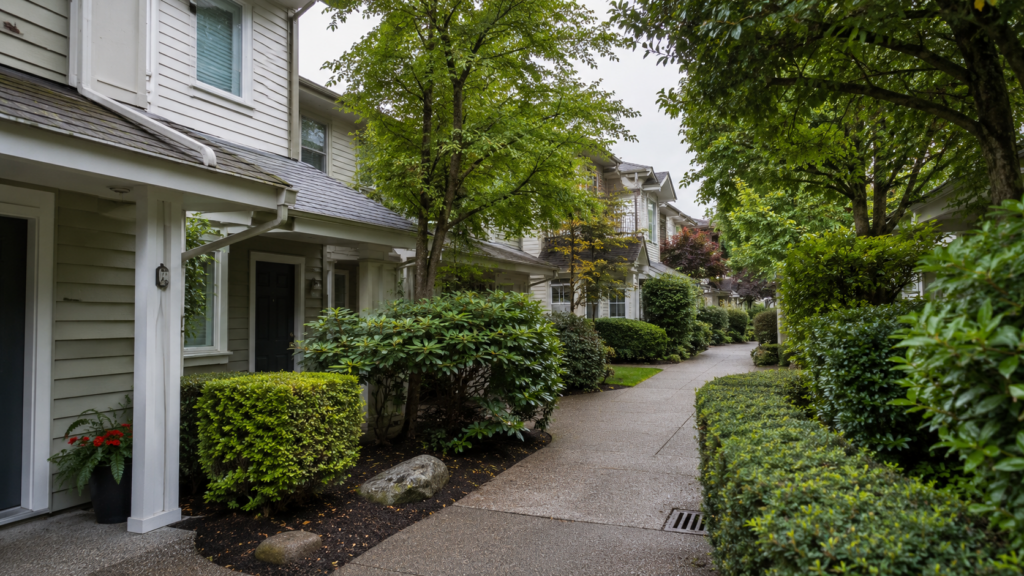 A peaceful residential pathway lined with well-maintained green hedges and shrubs, with modern townhomes featuring white trim and garage doors visible on either side, representing the organized community living that self-managed strata corporations in Surrey BC oversee