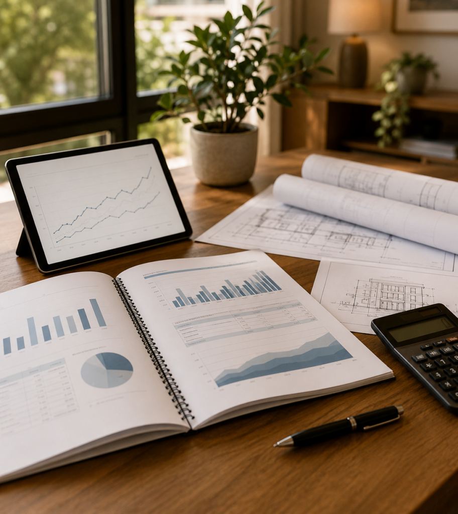 Business analytics and financial reports on a wooden desk with a tablet displaying growth charts, spiral notebook with bar graphs and pie charts, architectural blueprints, calculator, pen, and potted plants near a window