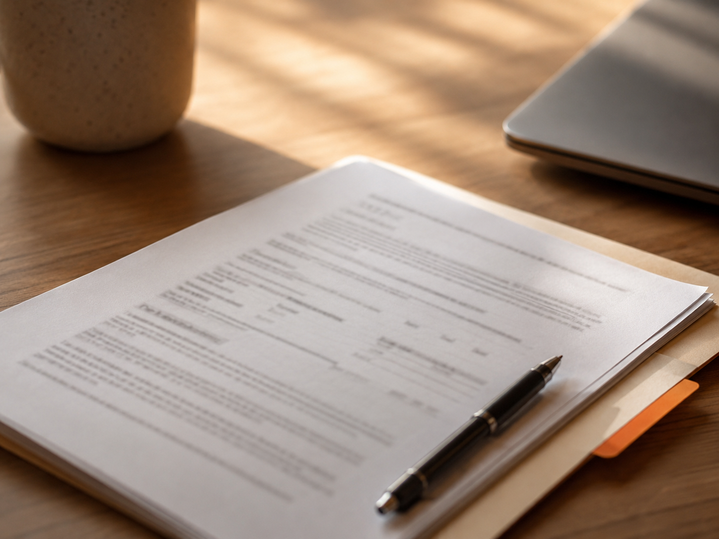 Document with pen on wooden desk next to coffee cup and laptop, representing property management resources