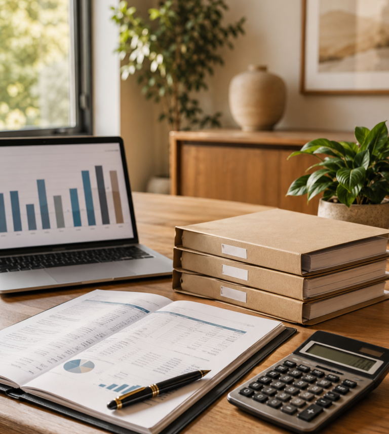 Professional office desk with self-managed strata financial documents, calculator, laptop displaying bar charts, and business books in Surrey BC